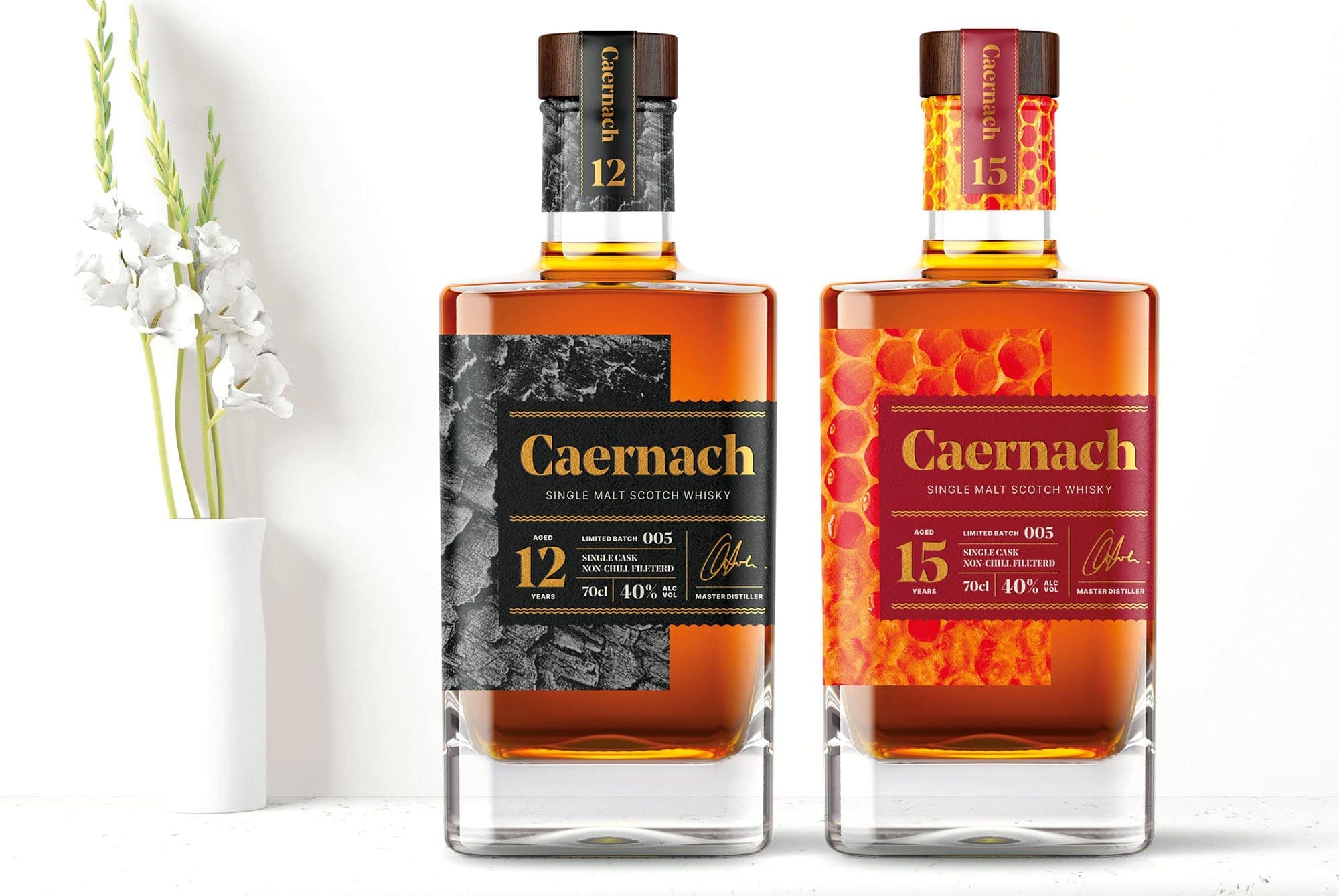 Caernach Single Malt Scotch Whisky bottle labels